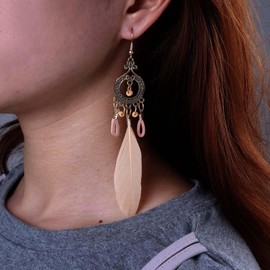 TseenYi Feather Earrings Gypsy Ethnic Drop Earrings White Feather Drop Earrings Pearl Leather Tassel Earrings Gold Open Circle Dangle Earrings Leather Charm Hook Earrings, Zinc, No Gemstone