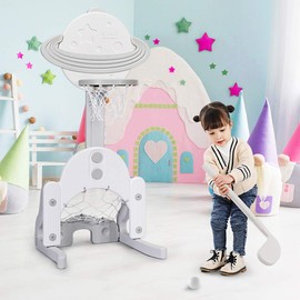 AKUSTIK 3 in 1 Toddlers Basketball Hoop Stand, Adjustable Height Sports Center with Basketball Soccer Golf Game Set, Portable Indoor Outdoor Activity Playset Gift for Kids (White)