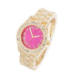 Charles Raymond Women's Big Rocks Bezel Colored Dial with Roman Numerals Fully Iced Out Watch and Matching Beautiful Sparkling Tennis Bracelet Set - ST10327LA (TLA Gold - Hot Pink)