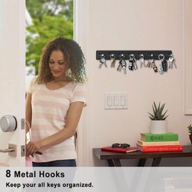 NFIFANIA Metal Key Holder Wall Mount, Adhesive Black Car Keys Organizer Rack with 8 Hooks for Hallway