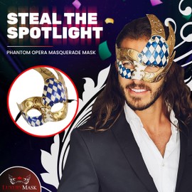Luxury Mask® Masquerade Mask for Men Musical Checkered Vintage Design Mask for Mardi Gras, Prom and Masquerade Party - Blue/Gold (Checkered)