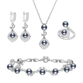 LMXXVJ Jewelry Set for Women - Gray Faux Pearl Adjustable Ring Earrings Bracelet Necklace Sets Romantic Gift for Mom/Wife/Best Friend Goddess/Valentine’s Day,Platinum Plated