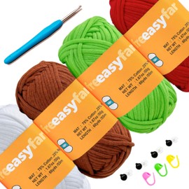 FREEASYFAR FREEASYFAR 4x50g Beginner Easy Yarn for Crocheting and Knitting; Worsted-Weight Medium #4;Crocheting and Knitting kit with Tool Set (Red+Green+Latte+White, 4 Skein)