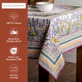 Maison d' Hermine 100% Cotton Tablecloth, Decorative, Washable, Square Tablecloth, Mother's Day Gift, for Kitchen, Buffet Parties and Camping, Fanny Lavender, Spring/Summer, 160 x 220 cm