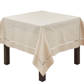 SARO LIFESTYLE Poly and Linen Blend Toscana Tablecloth with Hemstitch Border, Natural, 60"