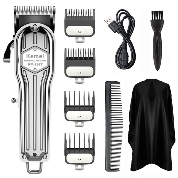 KEMEI 1977 Hair Clippers for Men Professional, Cordless Hair Trimmers Grooming Kit Wet/Dry Clippers USB Rechargeable Beard Trimmer Haircut Set for Home Use & Barbers, Silver