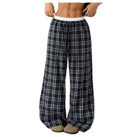 RoseSeek Girl's Plaid Wide Leg Track Pants Elastic Waist Baggy Long Trousers with Pockets Grey 12Y