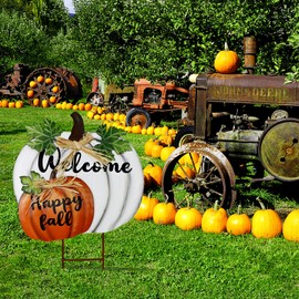 Happy Fall Decoration Metal Garden Stakes Decorative Stacked Pumpkins Welcome Yard Sign Magnetic Pumpkin Autumn Thanksgiving Harvest Decor for Patio Lawn Porch Pathway (A+B)