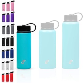Day 1 Fitness Botella de agua de acero inoxidable con boca ancha con 2 tapas (20 oz, 32 oz, o 40 oz) – 3 tamaños y 8 opciones de color – Aislado al aspiradora, doble pared, a prueba de sudor, Verde azulado, 20 oz. / 591 ml