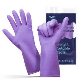 FMP Brands Cleaning Gloves, 12 Pairs Rubber for Washing Dishes, Non-Slip Dishwashing, Waterproof Reusable Latex Dish for Kitchen, Bathroom, Household, Gardening (Medium, Purple)