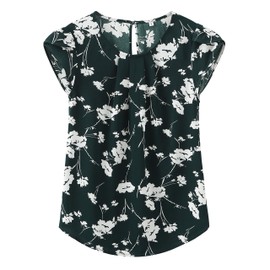 TASAMO Women's Casual Round Neck Basic Pleated Top Cap Sleeve Curved Keyhole Back Chiffon Blouse (Large, FP Dark Green 01)