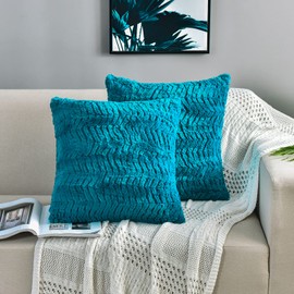 YUSOKI Luxury Faux Fur Throw Pillow Covers-18 x18,Set of 2-Decorative Fuzzy Fluffy Cozy Pillow Cases for Sofa Couch Bedroom without Insert(Teal/Turquoise,18"x18")