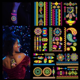 10 Blätter Temporäre Tattoos die im Dunkeln Leuchten, Wasserfeste Körper Leuchtende Gesichtstattoos Selbst Aufkleber, Temporäre Neon Tattoos, Klebetattoos für Schwarzlicht UV Party & Festivals