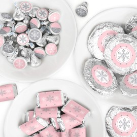 Big Dot of Happiness Pink Winter Wonderland - Mini Candy Bar Wrappers, Round Candy Stickers and Circle Stickers - Holiday Snowflake Birthday Party and Baby Shower Candy Favor Sticker Kit - 304 Pieces