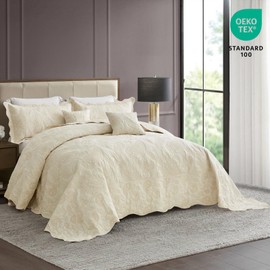 HZ & HY Oversized King Bedspread 138x122 Extra Wide, Quilted Coverlet Bedding Set, Lightweight Thin Comforter, Reversible, Luxurious, 5 Piece, 100% Microfiber, California/Alaskan King, Ivory Yellow