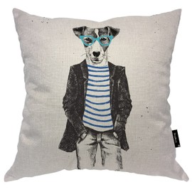 Beabes Hipster Dog Throw Pillow Cover, 18x18 Inch Cool Puppy Dog Sunglasses Portrait Decorative Couch Pillow Case Cotton Linen Farmhouse Cushion Covers for Bedroom Home Dorm Car