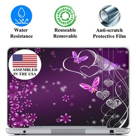 Meffort Inc 14 Inch Laptop Skin Sticker Cover Art Decal Decorative Stickers (Included 2 Wrist Pads) - Purple Butterfly Heart