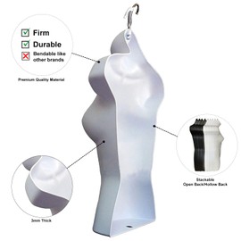 White Female Hollow Back Mannequin Torso Set & Hanging Hook, S-M Sizes (4 Pack, White)