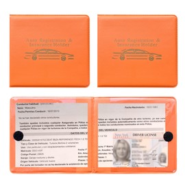 Augeny 2PCS Car Registration and Insurance Holder, Vehicle Essential Document Organizers with Velcro Closure, Universal Auto Interior Accessories for Most Cars (Orange/Gold Printing)