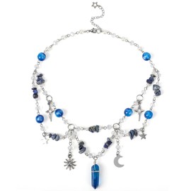 MOSTORY Blue Crystal Fairy Necklace - Woodland Beaded Necklace with Moon and Sun for Women Renaissance, Layered Forest Crystal Choker for Renfaire Fairycore Cosplay Fairytale