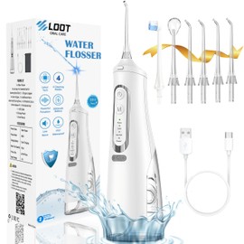 Dental Water Flosser Cordless, 310ML Electric Flosser Rechargeable with 4 Cleaning Modes & 6 Replaceable Jet Tips, IPX7 Waterproof Electric Waterflosser for Teeth Cleaning (White)