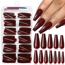 Lifextol 120PC Burgundy Coffin Press on Nails Long Fake Nails Press ons with Glue Nail Adhesive Tabs, 12 Sizes Long Acrylic Nails Press on Nails Coffin Red Stick Nails Tips Artificial Fingernails