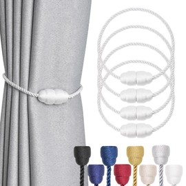 NICEEC 4 Pack Strong Magnetic Curtain Tiebacks Handmade Weave Side Rope Curtain Holdbacks Unique & Elegant Decorative Curtain Drape Tie Backs for Home & Office & Outdoor Window Drapery (White)