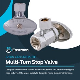 Eastman 3/8 Inch OD Compression x 3/8 Inch FIP Compression Multi-Turn Angle Stop Valve, Brass Plumbing Fitting, Chrome, 04319LF