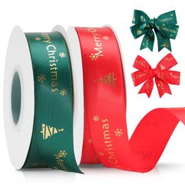 jijAcraft Satin Ribbon Christmas 25 mm, Red and Green Christmas Ribbon with Christmas Tree Pattern, 44 m Gift Ribbon Merry Christmas Fabric Ribbon - for Christmas, Decoration and Gift Wrapping