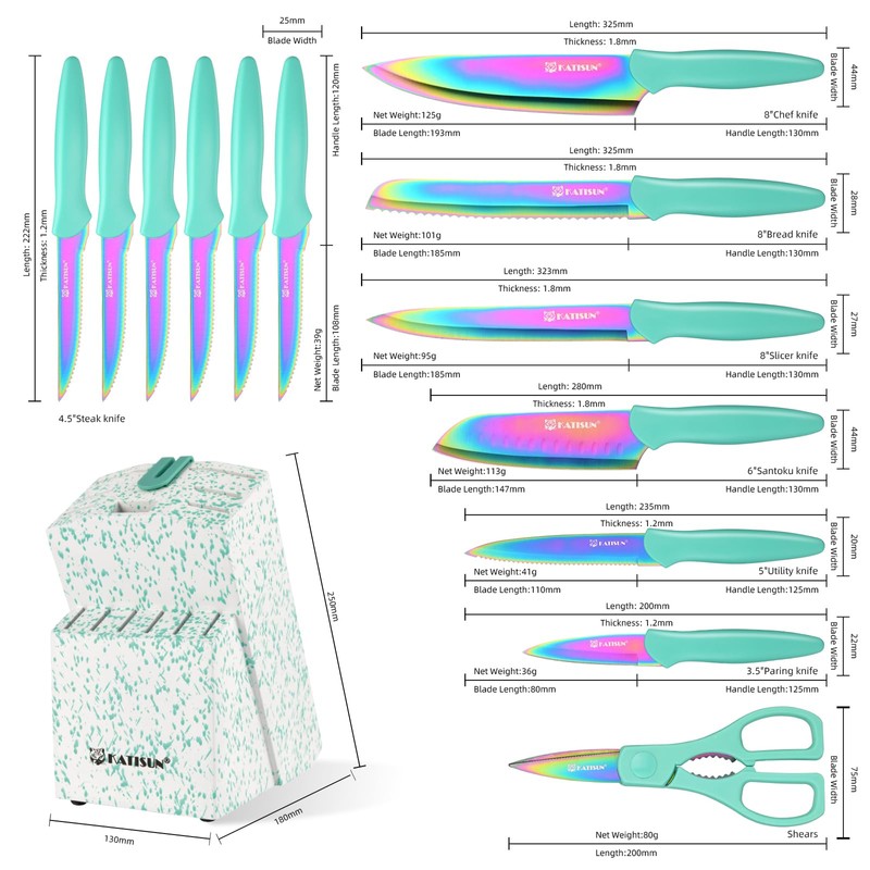KATISUN Kitchen Knife Set with Block, 15 Piece Rainbow Titanium