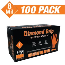 LAUCO Heavy Duty 8-Mil Industrial Orange Nitrile Gloves with Raised Diamond Texture, Large, Latex Free, Powder Free, Pack of 100 (1 Box)