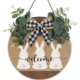 Easter Welcome Sign Front Door Decor with Bunny Rabbit Bow, 11.8" Rustic Round Wooden Easter Wreath Sign for Spring Home Front Porch Window Wall Farmhouse Easter Decorations