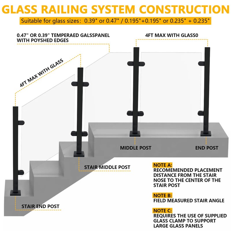 VoTwoofv Glass Railing Middle Post 33.46",304 Stainless Steel Glass Balustrade
