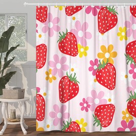 Linda cortina de ducha de fresa, moderna cortina de ducha de frutas y estética retro, divertida y divertida cortina de ducha hippie de los años 70, con ganchos, 70 x 70 pulgadas, rosa claro, naranja y