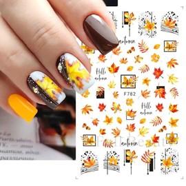 5 Sheets Gold Yellow Maple Leaf Nail Art Sticker Maple Leaf Nail Art Accessories Decals 3D Self-Adhesive Green Leaves Owl Nail Art Designs Supplies for Women DIY Thanksgiving Party Nail Decoration