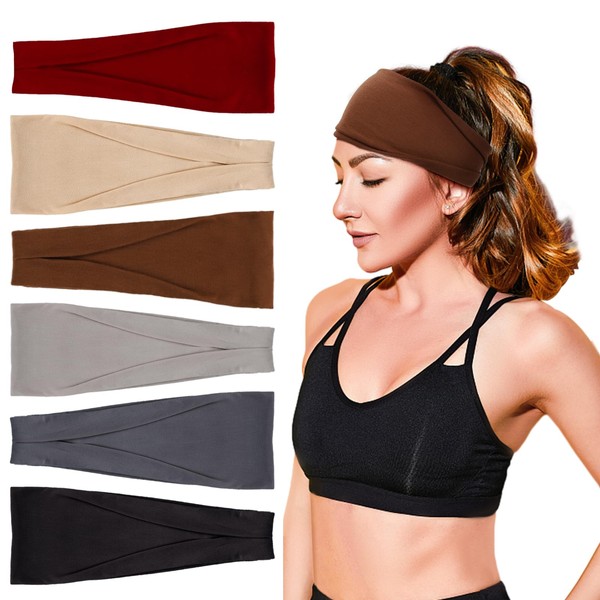 Hishexin 6 Pack Headbands for Women, Fashion Wide Workout Yoga Headbands Non Slip, Head Bands for Women's Hair Sweat Bands Hair Accessories (Solid Color-1)