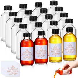 Reallnaive 20 Pcs Glass Syrup Bottles Boston Round Sample Bottles with Plastic Lids and Maple Syrup Stickers, Clear Empty Vanilla Extract Bottles Small Reusable Glass Jars for Milk Juice Sauce (4 oz)