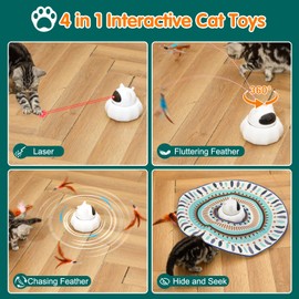 VIWIK Cat Laser Toy Automatic, 4 in 1 Interactive Cat Toys for Indoor Cats, Hide and Seek Kitten Wand Toy, USB Rechargeable Electronic Kitten Toys with Moving Feather, Cover for Bored Cats All Breeds