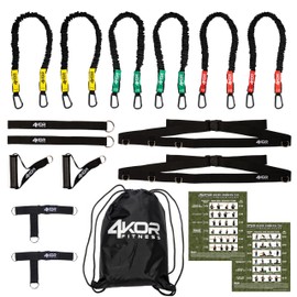 4KOR Deluxe Shoulder and Full Body Cross Anchored Resistance Cord System with Interchangeable Handles, Foot Straps, and Workout Guide. Exercise Bands with Nylon Sleeves, Anchors, and Carry Bag