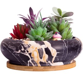 ARTKETTY Succulent Pots - 7.3 Inch Large Succulent Planters with Drainage Ceramic Bonsai Pots with Tray, Shallow Planters for Indoor Flower Plants Marble Cactus Planter Bowl