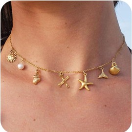 VCCKNB JEWELRY Initial Pendant Necklace for Women Girls 14K Gold Plated Letter Necklaces A-Z Shell Boho Summer Shell, Gold