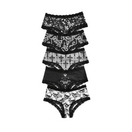 WDIRARA Women's 5 Pack Set Goth Graphic Print Mesh Sheer Lace Trim Mid Rise Underwear Briefs Black Multicolor Large