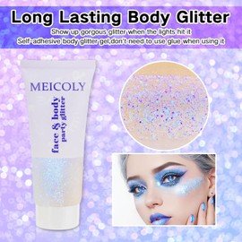 MEICOLY - Brillo corporal azul brillante, purpurina para Halloween, gel de purpurina que cambia de color para cuerpo, cara, cabello, labios, ojos, lentejuelas de larga duración, maquillaje con