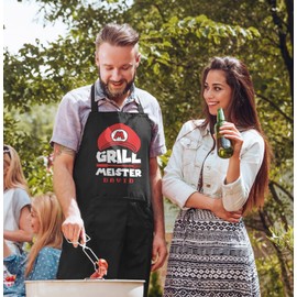 MoonWorks® Barbecue Apron for Men with Name Grillmeister Super Griller Parody Video Game Figure Funny, Super red black