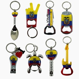 TSY TOOL 8 Pack Ecuador Keychains Country Metal Keychain, 6 Bottle Opener, Peace Sign, Heart Whistle, Beer Can, Guitar, Spoon, etc. Souvenir Keychains, Gift, Bulk