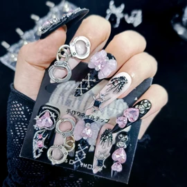 TRENTSNOOK 10 Pcs Mine Handmade Nail Tips Reusable Black Pink Shibuya False Nails Perfect for Fireworks Displays, Bar Mitzvah, Graduations, Gatherings, Karaoke (XS)