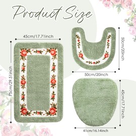 Drydiet 3 Pcs Rose Flowers Bathroom Rugs Set Coquette Room Decor Floral Bath Mat U Shaped Toilet Rug Non Slip Absorbent Floral Bath Carpet (Green)