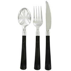 Plastic Flatware - Silver with Black Handles - 8 Place Settings - Cutlery - Disposable