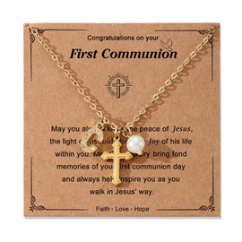 Initial Pearl Cross Necklace for Women Teen,First Communion Baptism Confirmation Birthday Easter Gifts for Her Goddaughter, Medium, Copper, No Gemstone