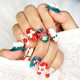Christmas Santa handmade nail tips - Almond M / 크리스마스 산타 수제네일팁 - 아몬드M